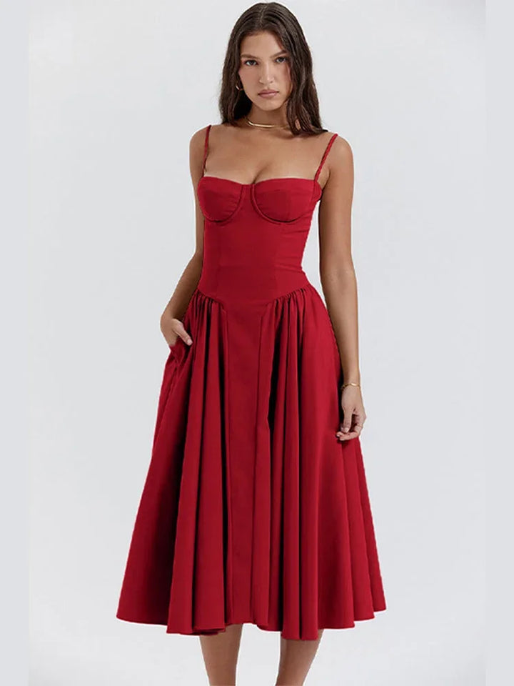 Abito midi donna svasato con spalline e tasche