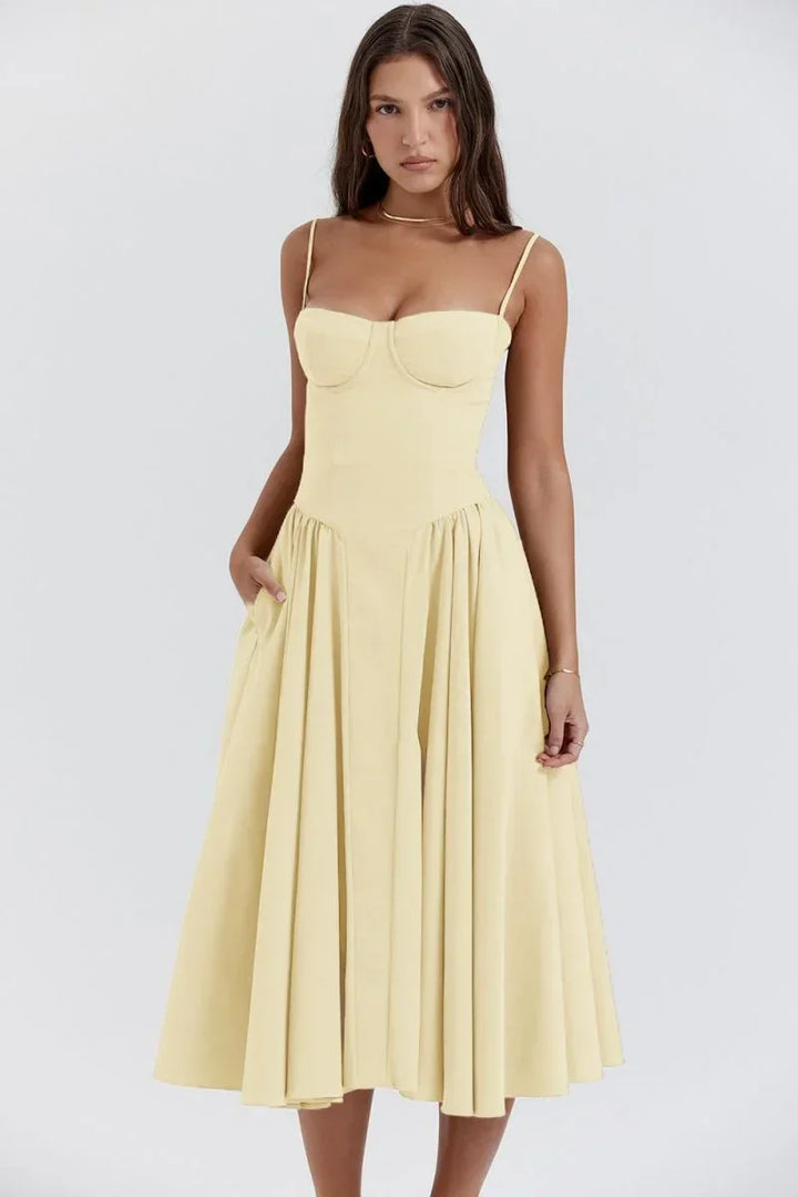 Abito midi donna svasato con spalline e tasche