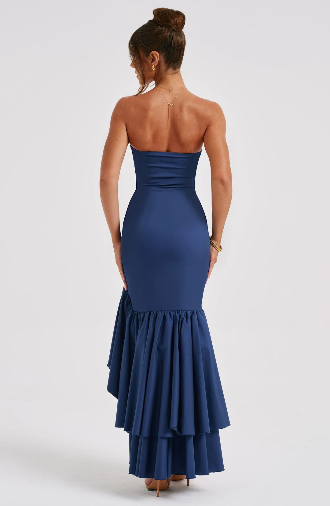 Vestito lungo donna bustier con volant asimmetrici