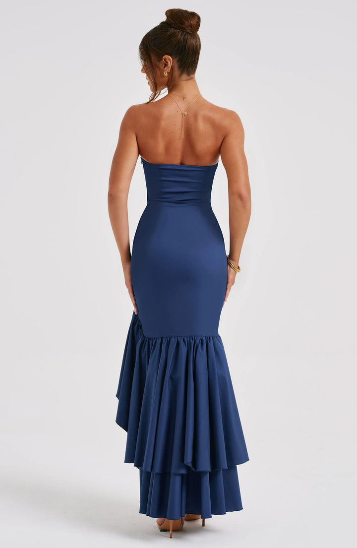 Vestito lungo donna bustier con volant asimmetrici