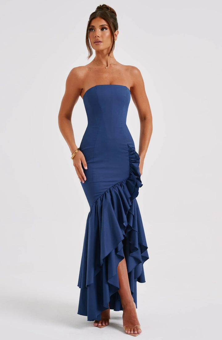 Vestito lungo donna bustier con volant asimmetrici