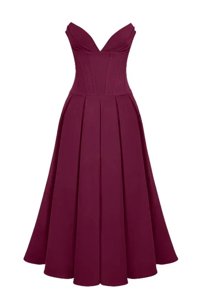 Abito midi bustier con corsetto taglio svasato da sera