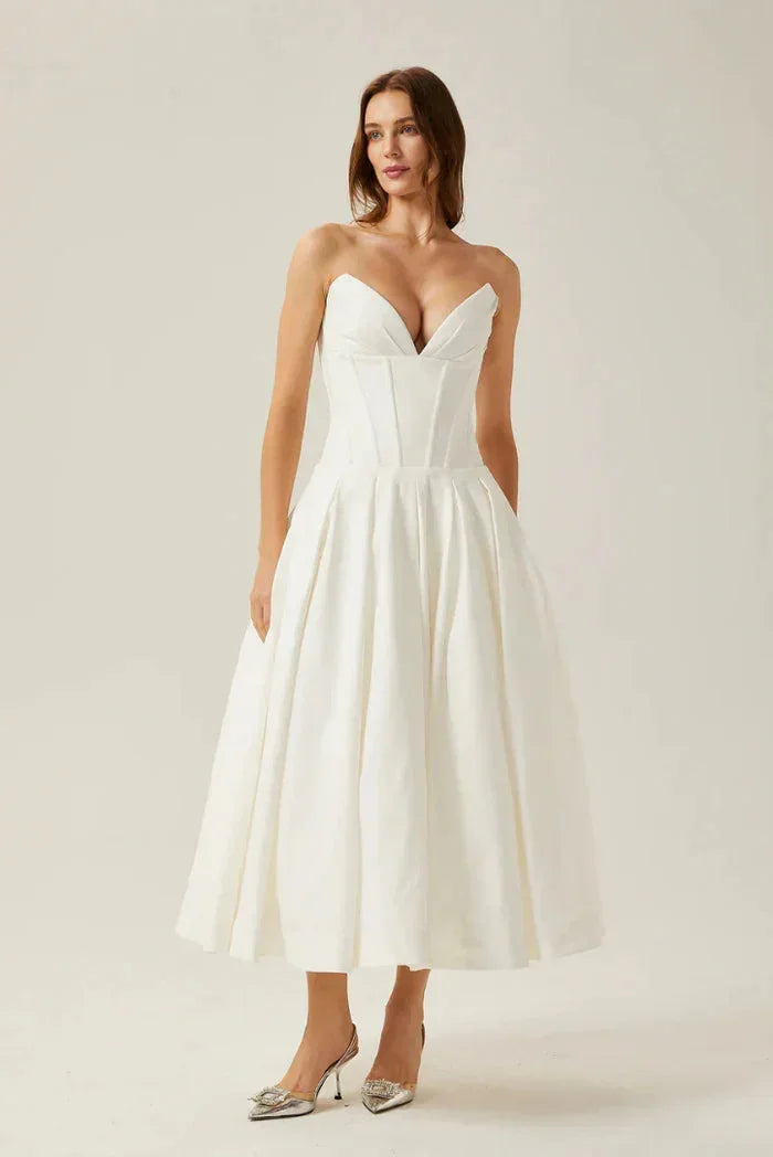 Abito midi bustier con corsetto taglio svasato da sera