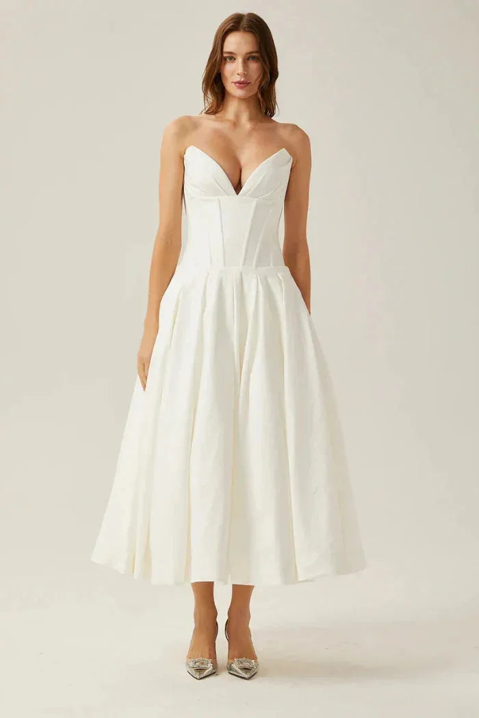 Abito midi bustier con corsetto taglio svasato da sera