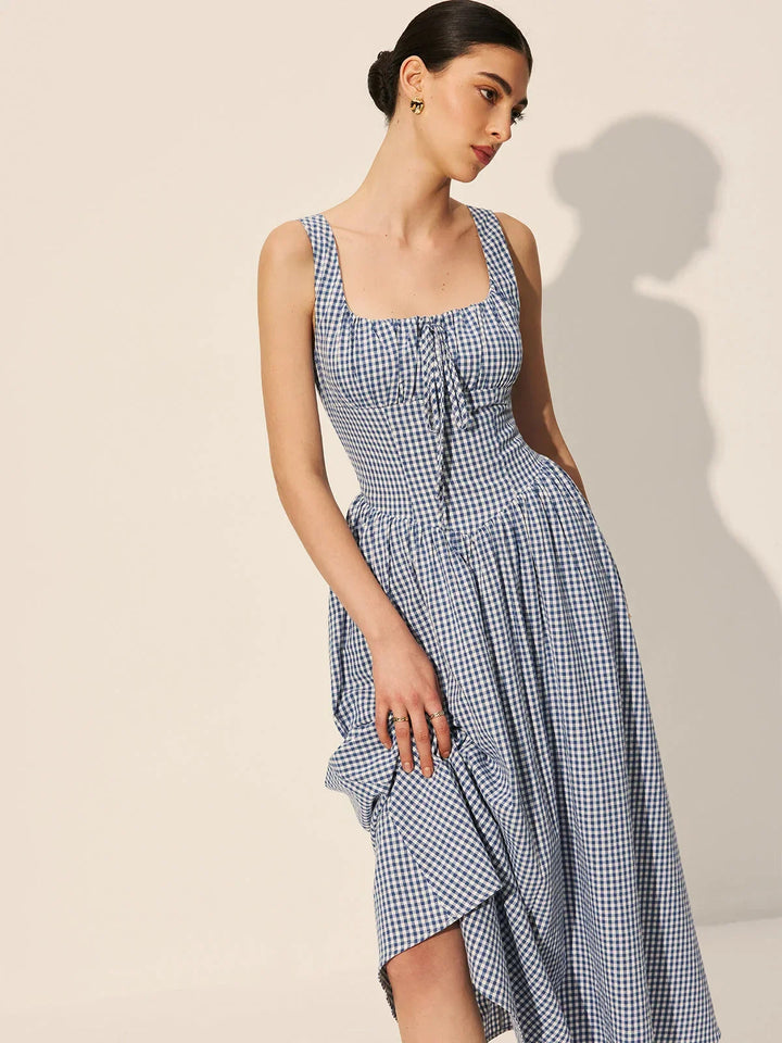 Abito midi donna a quadri blu navy senza maniche