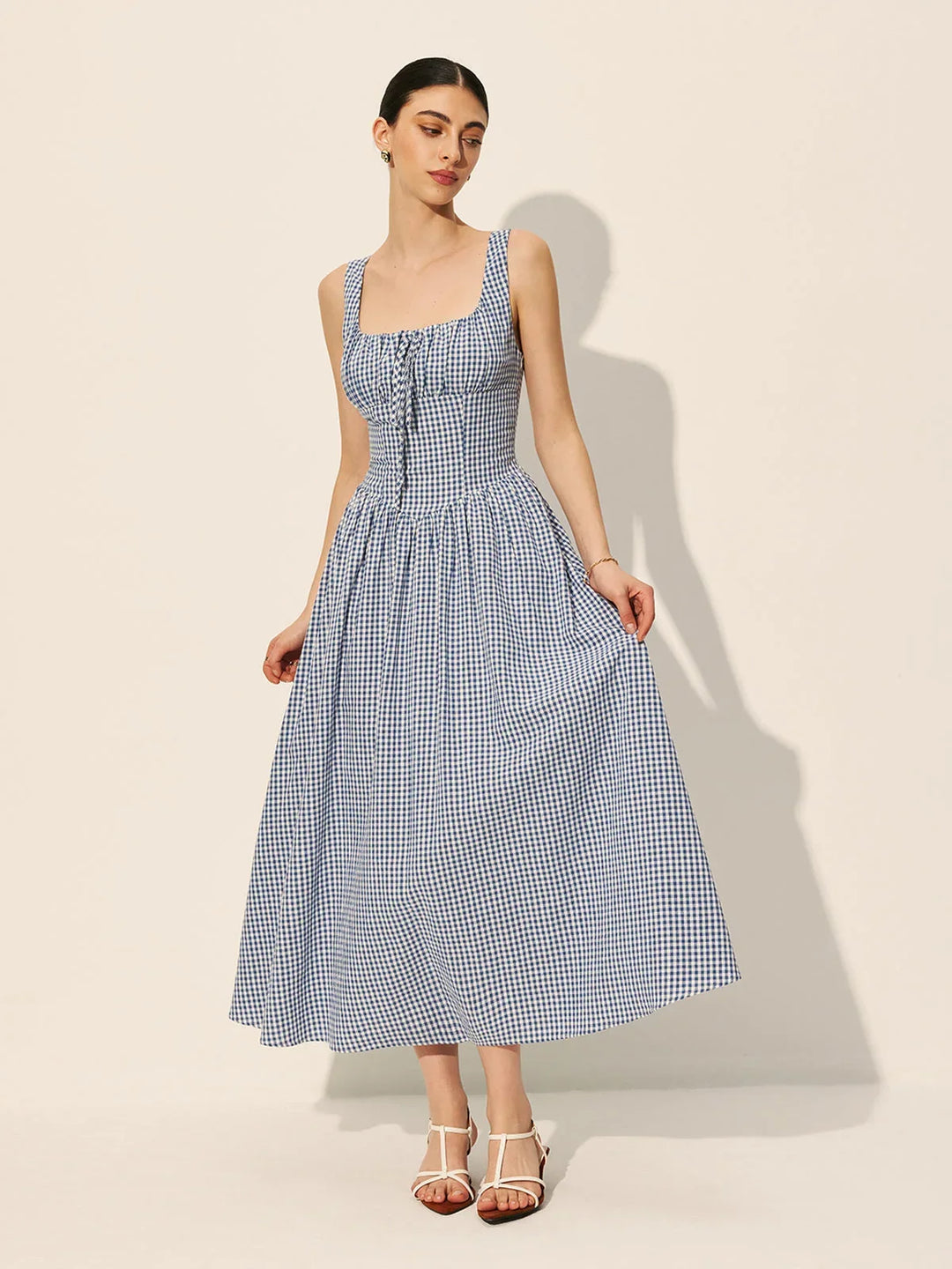 Abito midi donna a quadri blu navy senza maniche
