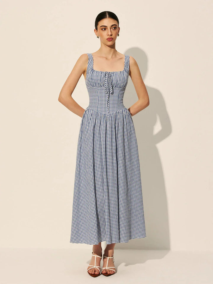 Abito midi donna a quadri blu navy senza maniche