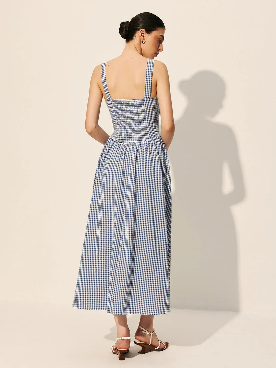 Abito midi donna a quadri blu navy senza maniche