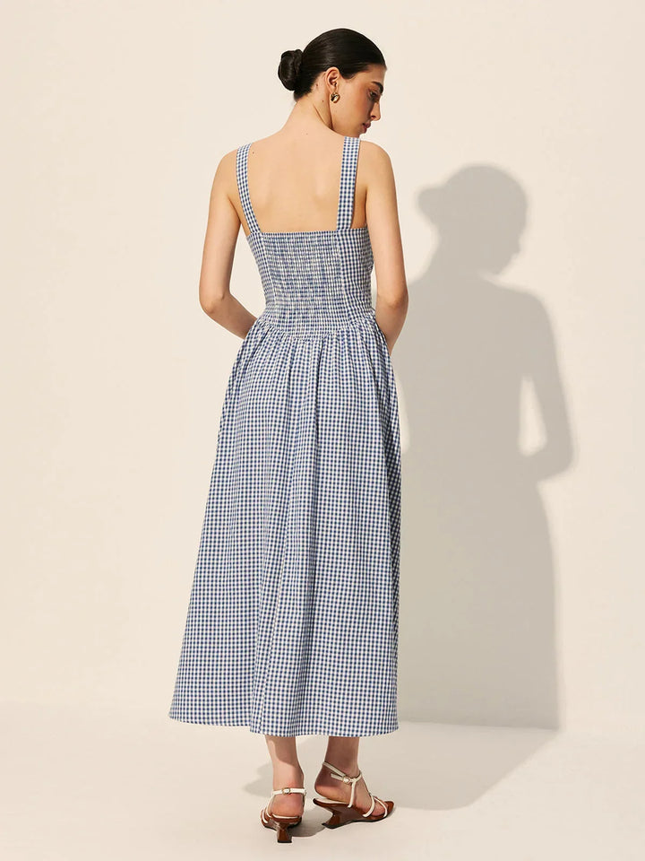 Abito midi donna a quadri blu navy senza maniche