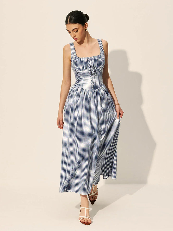Abito midi donna a quadri blu navy senza maniche