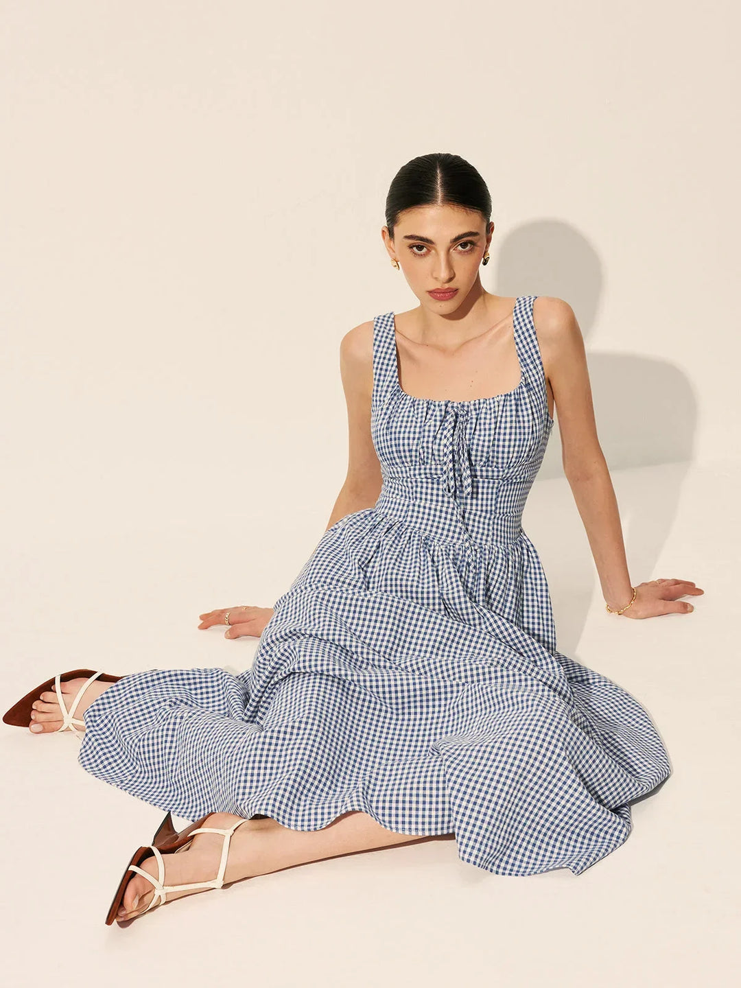 Abito midi donna a quadri blu navy senza maniche