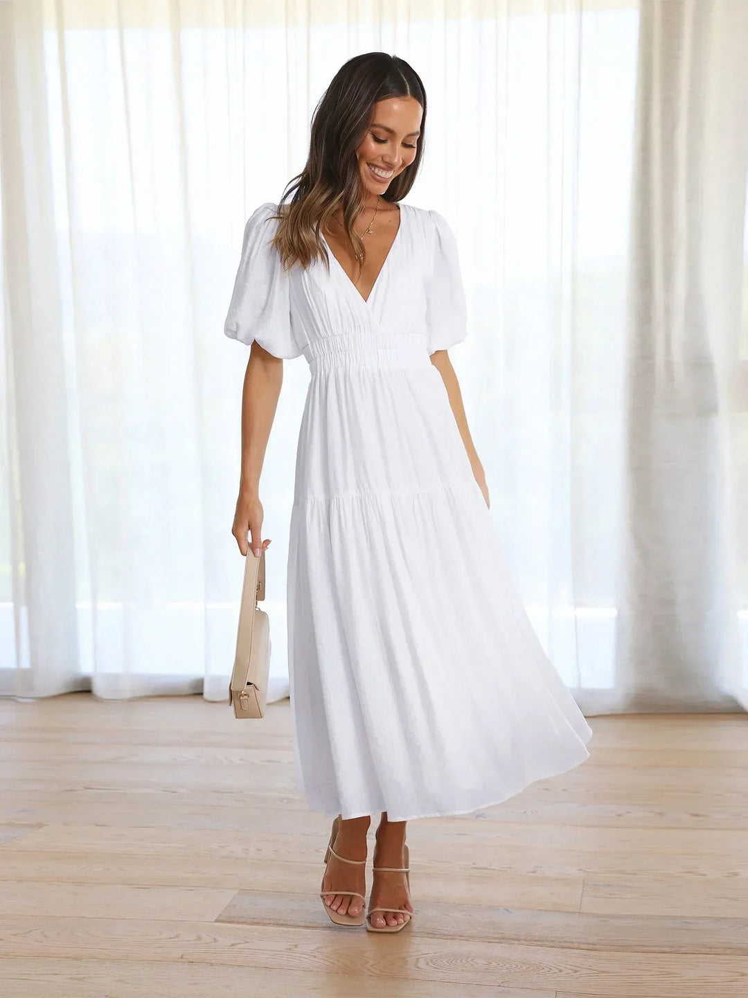 Abito midi donna con scollo a V e maniche corte