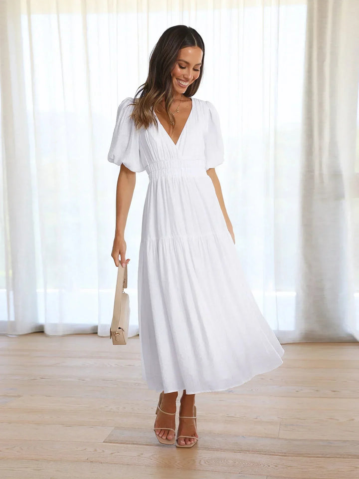 Abito midi donna con scollo a V e maniche corte