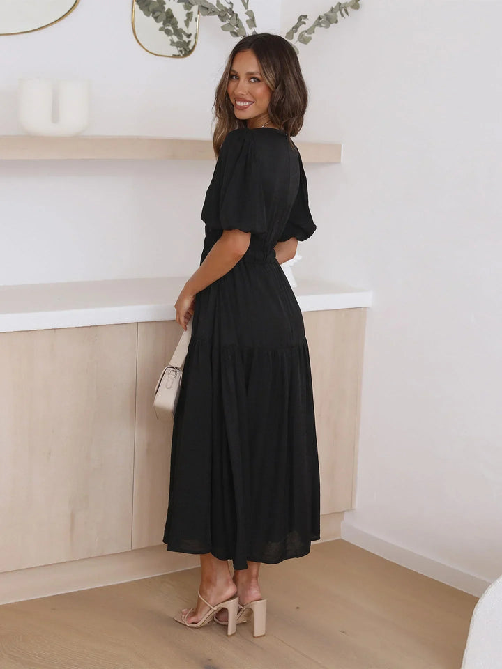 Abito midi donna con scollo a V e maniche corte