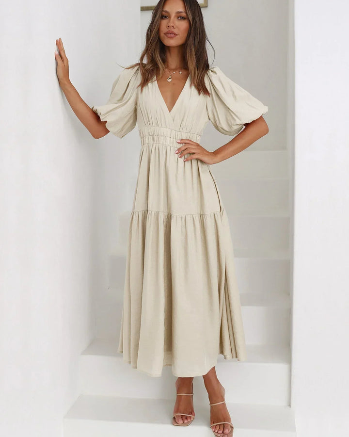 Abito midi donna con scollo a V e maniche corte