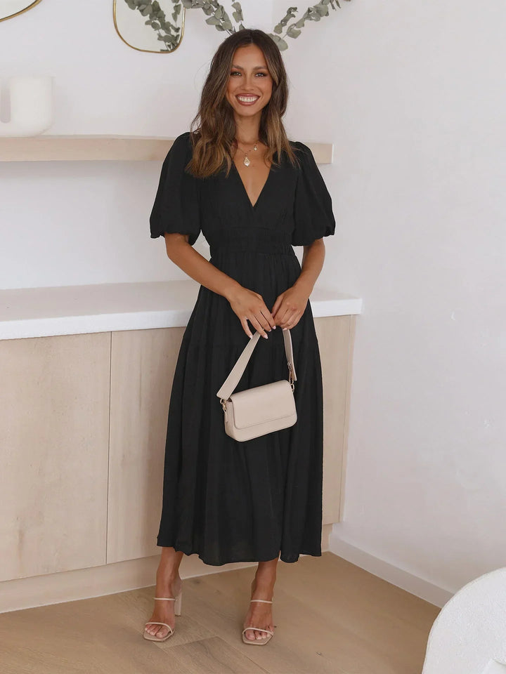 Abito midi donna con scollo a V e maniche corte
