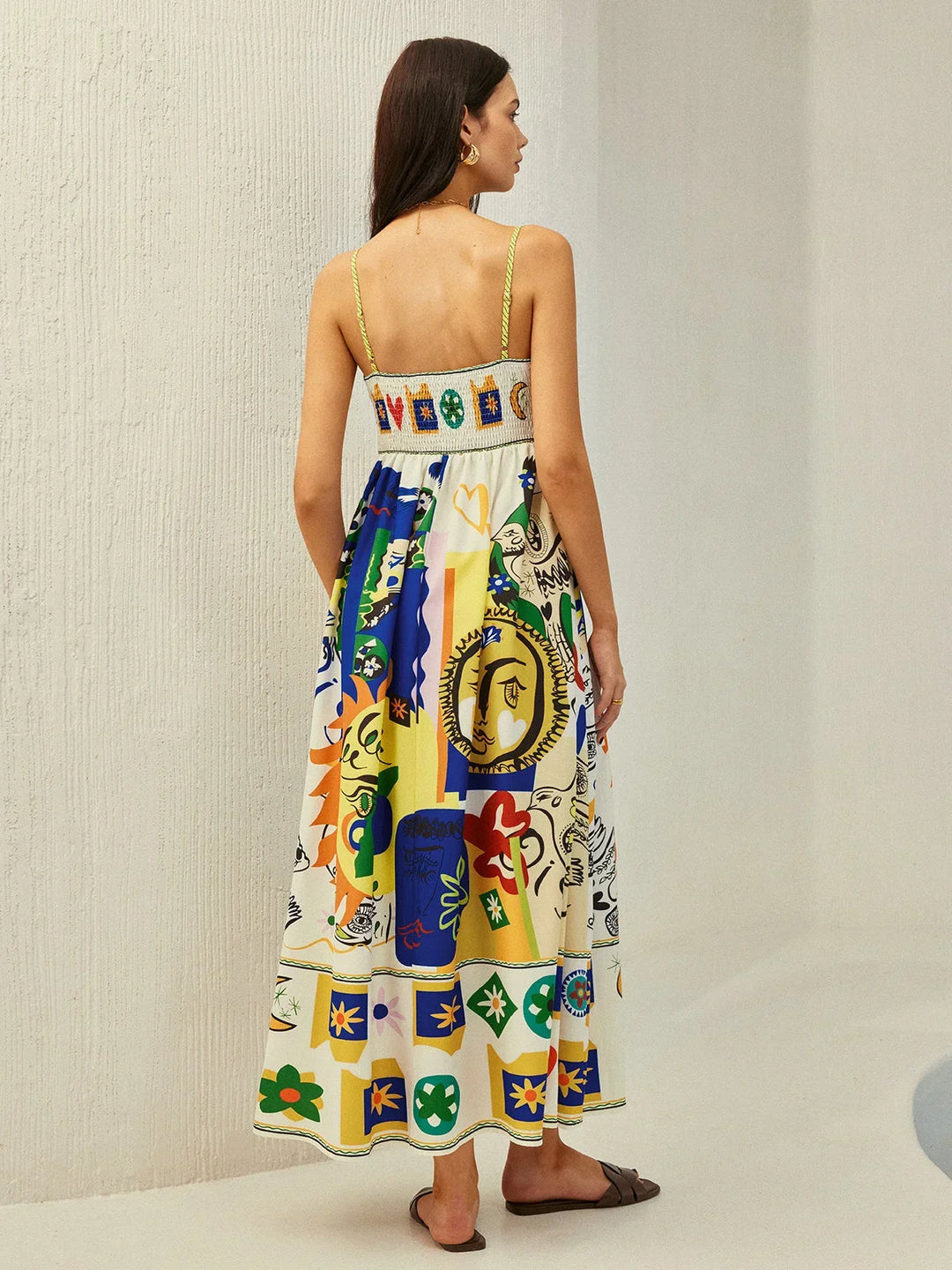 Abito midi donna a motivi multicolore con spalline sottili estivo