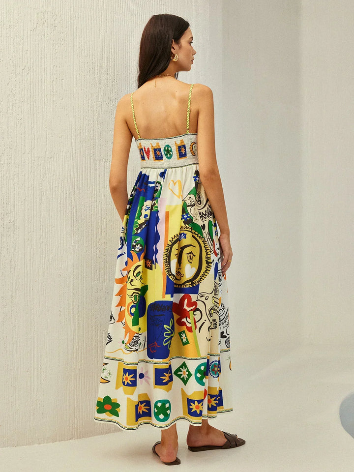 Abito midi donna a motivi multicolore con spalline sottili estivo