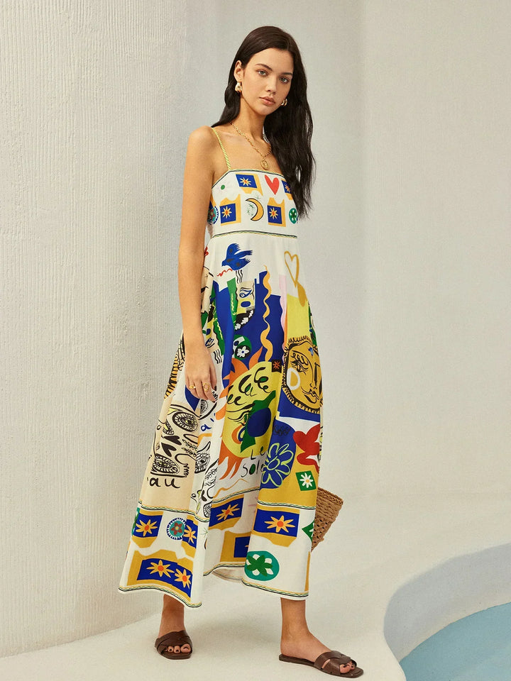 Abito midi donna a motivi multicolore con spalline sottili estivo