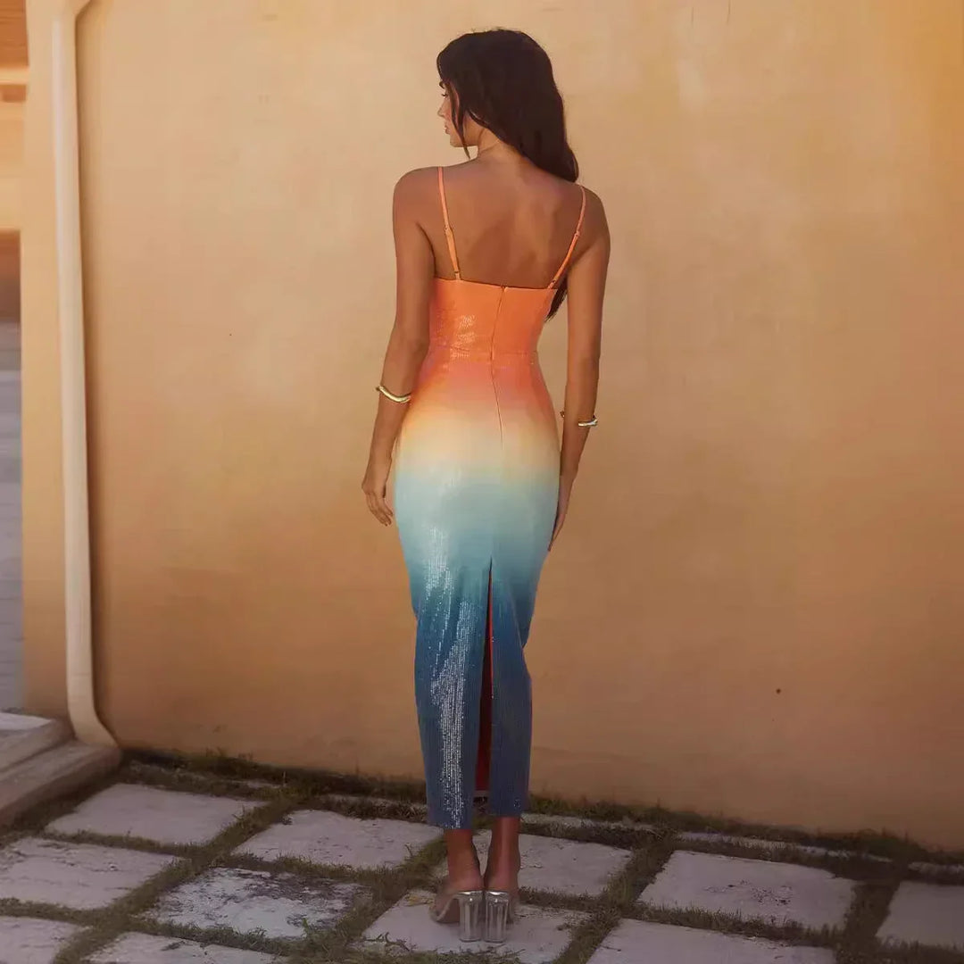 Abito midi sfumato arancione blu con stella marina