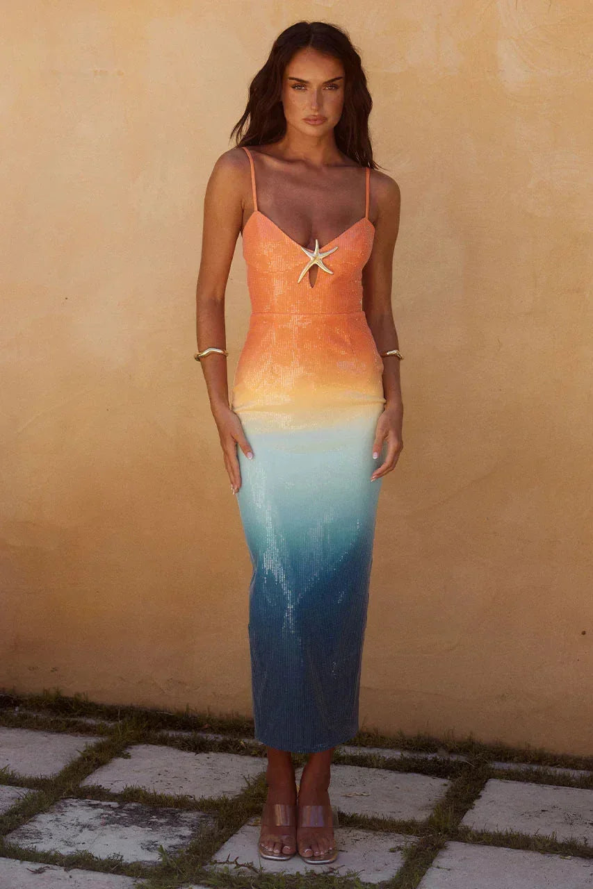 Abito midi sfumato arancione blu con stella marina