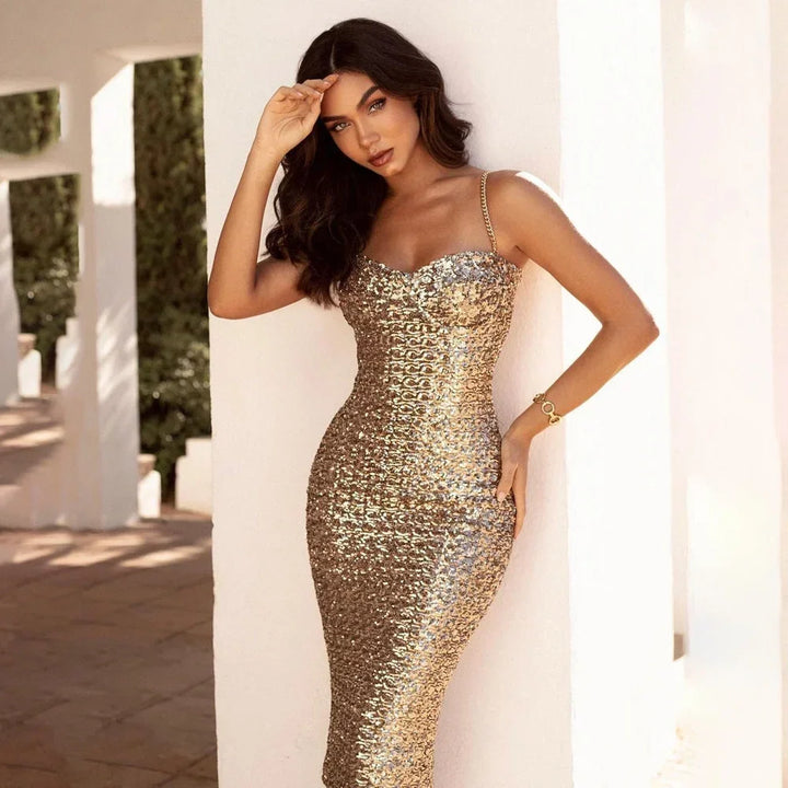 Abito midi donna dorato con paillettes e spalline sottili