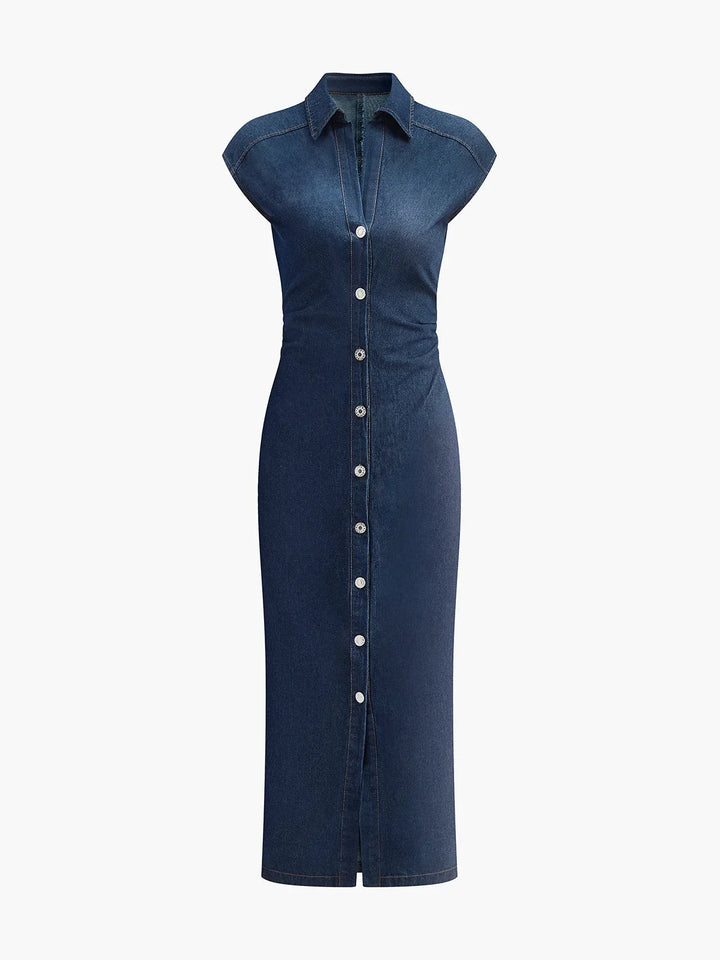Abito midi in jeans blu scuro abbottonato scollo a V senza maniche per ufficio estate