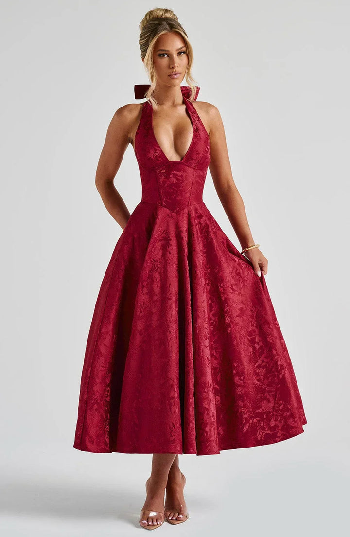 Vestito midi da donna con schiena scoperta e gonna svasata