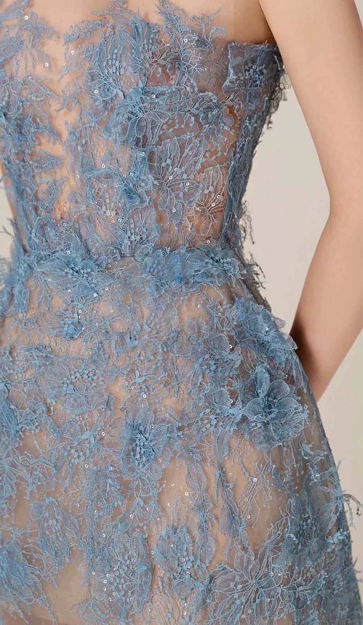Abito midi da donna blu con ricamo floreale