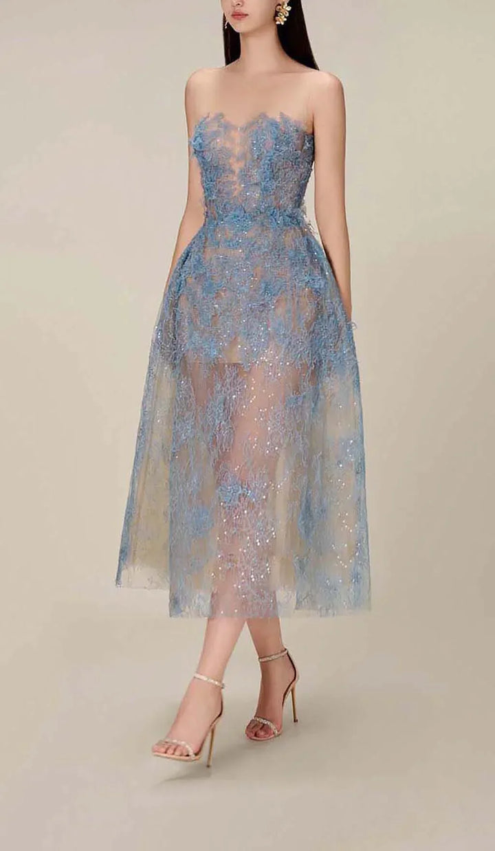 Abito midi da donna blu con ricamo floreale