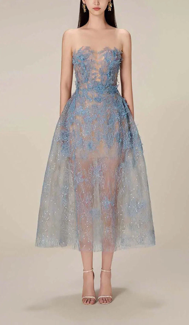 Abito midi da donna blu con ricamo floreale