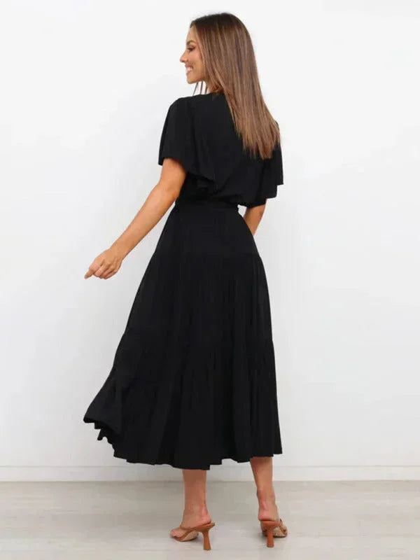 Abito midi donna con cintura, volant, scollo a V e maniche corte