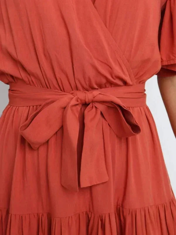 Abito midi donna con cintura, volant, scollo a V e maniche corte