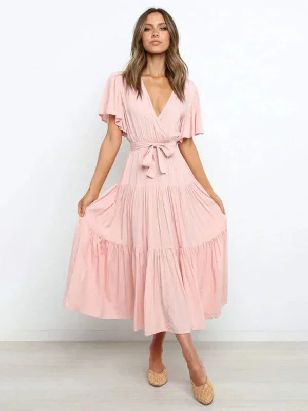 Abito midi donna con cintura, volant, scollo a V e maniche corte