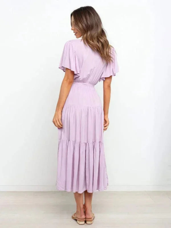 Abito midi donna con cintura, volant, scollo a V e maniche corte