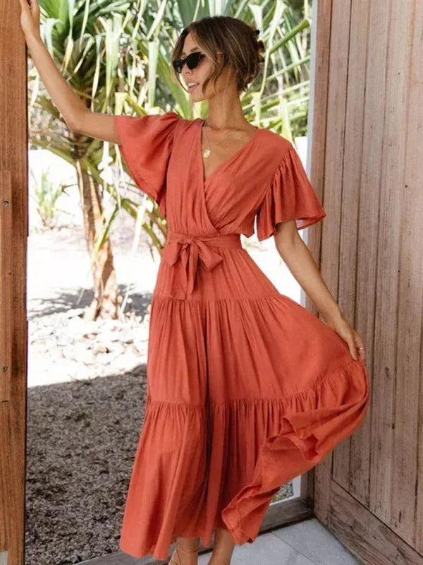 Abito midi donna con cintura, volant, scollo a V e maniche corte