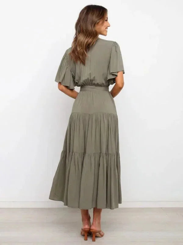 Abito midi donna con cintura, volant, scollo a V e maniche corte