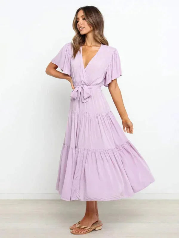 Abito midi donna con cintura, volant, scollo a V e maniche corte