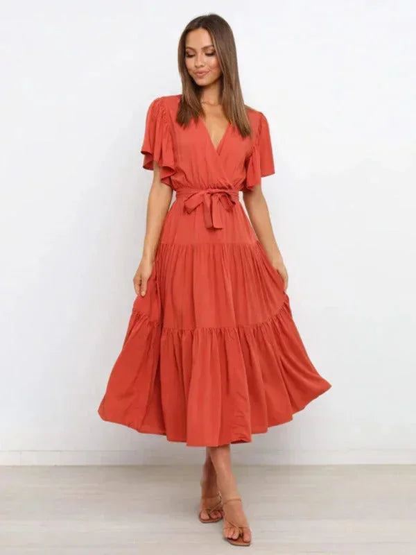 Abito midi donna con cintura, volant, scollo a V e maniche corte