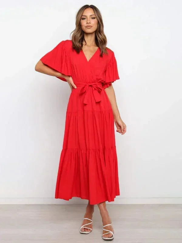 Abito midi donna con cintura, volant, scollo a V e maniche corte