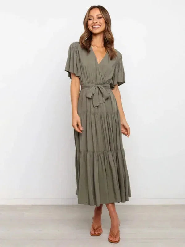 Abito midi donna con cintura, volant, scollo a V e maniche corte