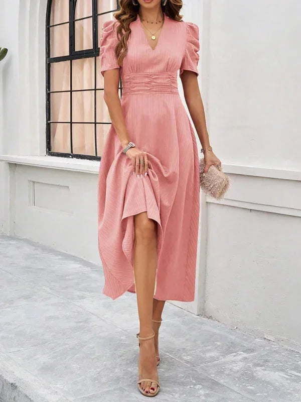 Abito midi donna scollo a V e maniche a sbuffo