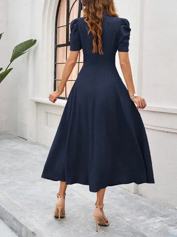 Abito midi donna scollo a V e maniche a sbuffo