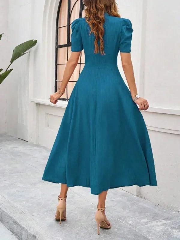 Abito midi donna scollo a V e maniche a sbuffo