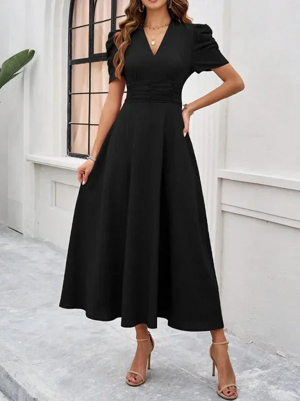 Abito midi donna scollo a V e maniche a sbuffo