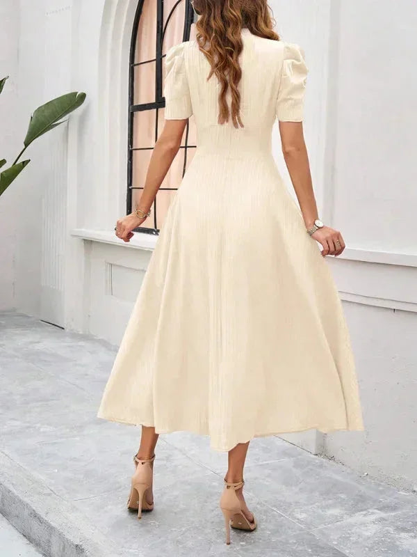 Abito midi donna scollo a V e maniche a sbuffo
