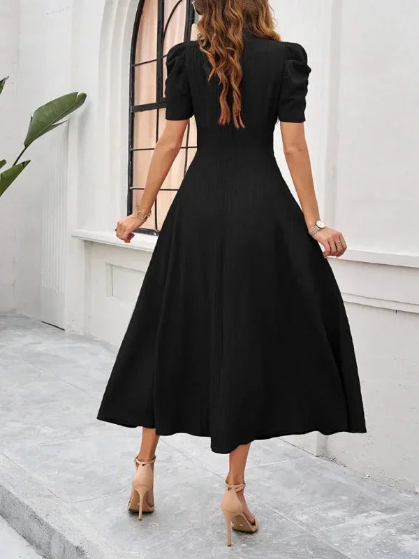 Abito midi donna scollo a V e maniche a sbuffo