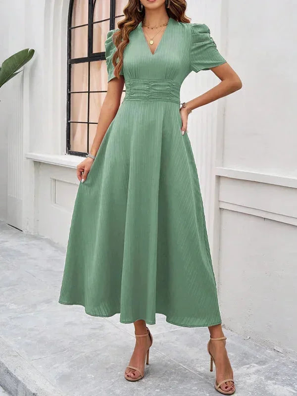 Abito midi donna scollo a V e maniche a sbuffo