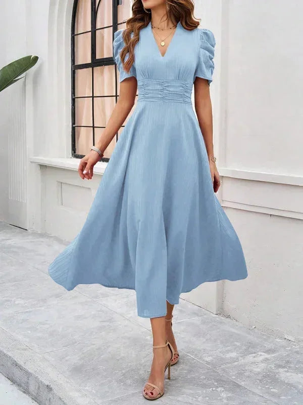 Abito midi donna scollo a V e maniche a sbuffo