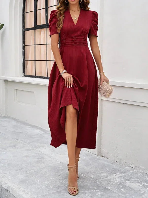 Abito midi donna scollo a V e maniche a sbuffo